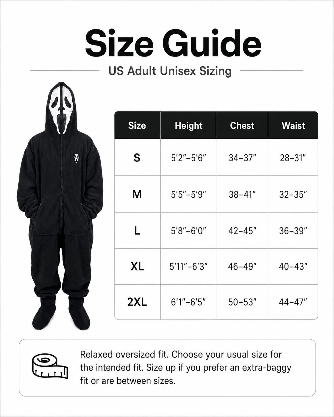 Horror onesie size guide