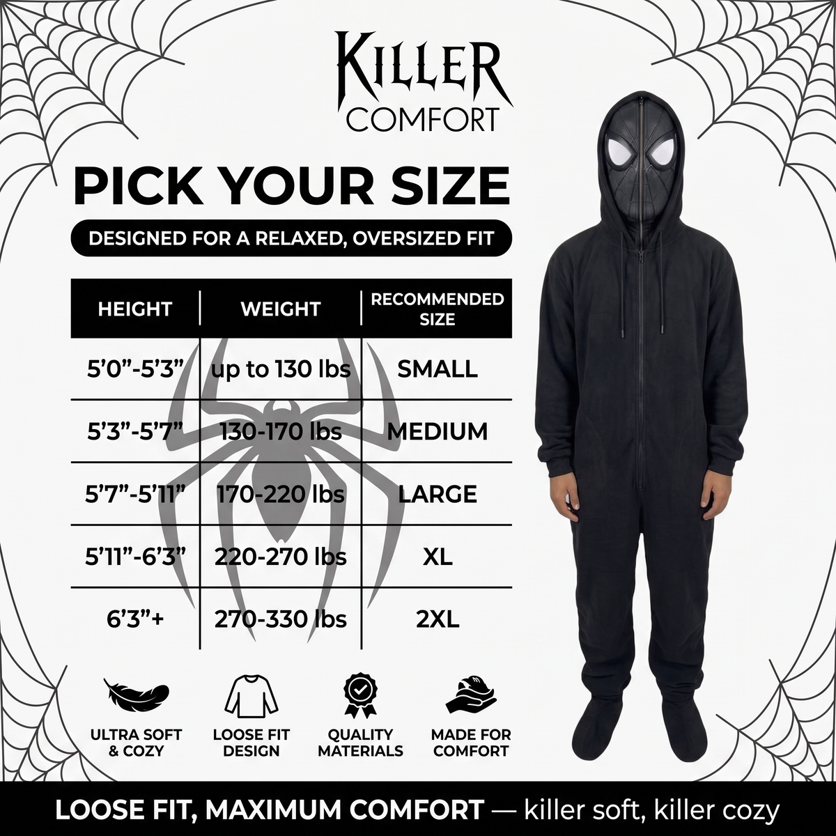 Venom spider onesie - black - adult size chart