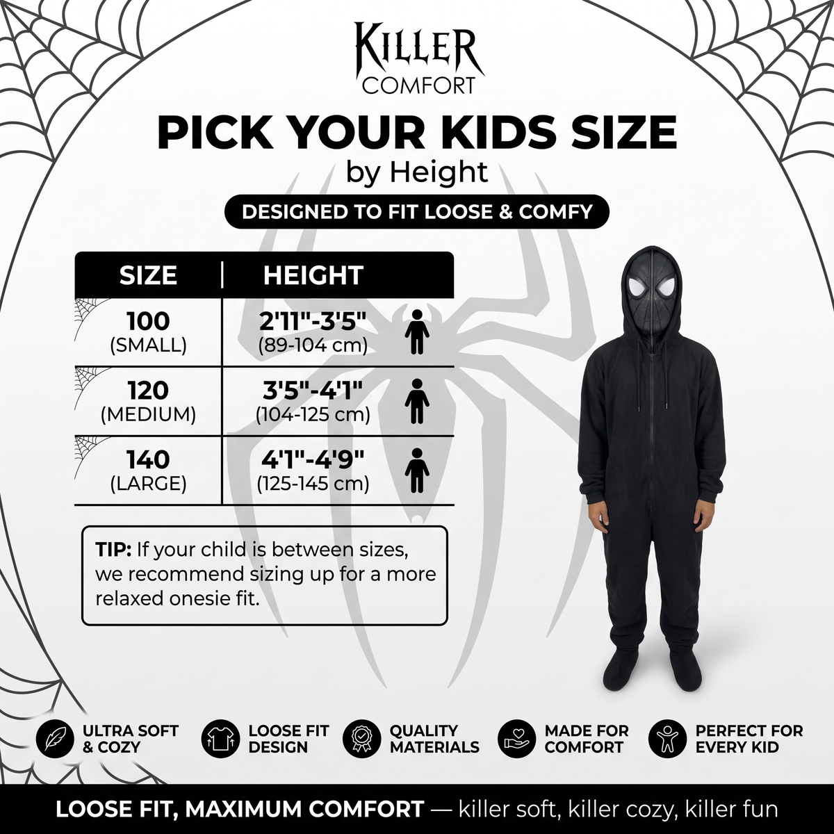 Venom spider onesie - black - kids size chart