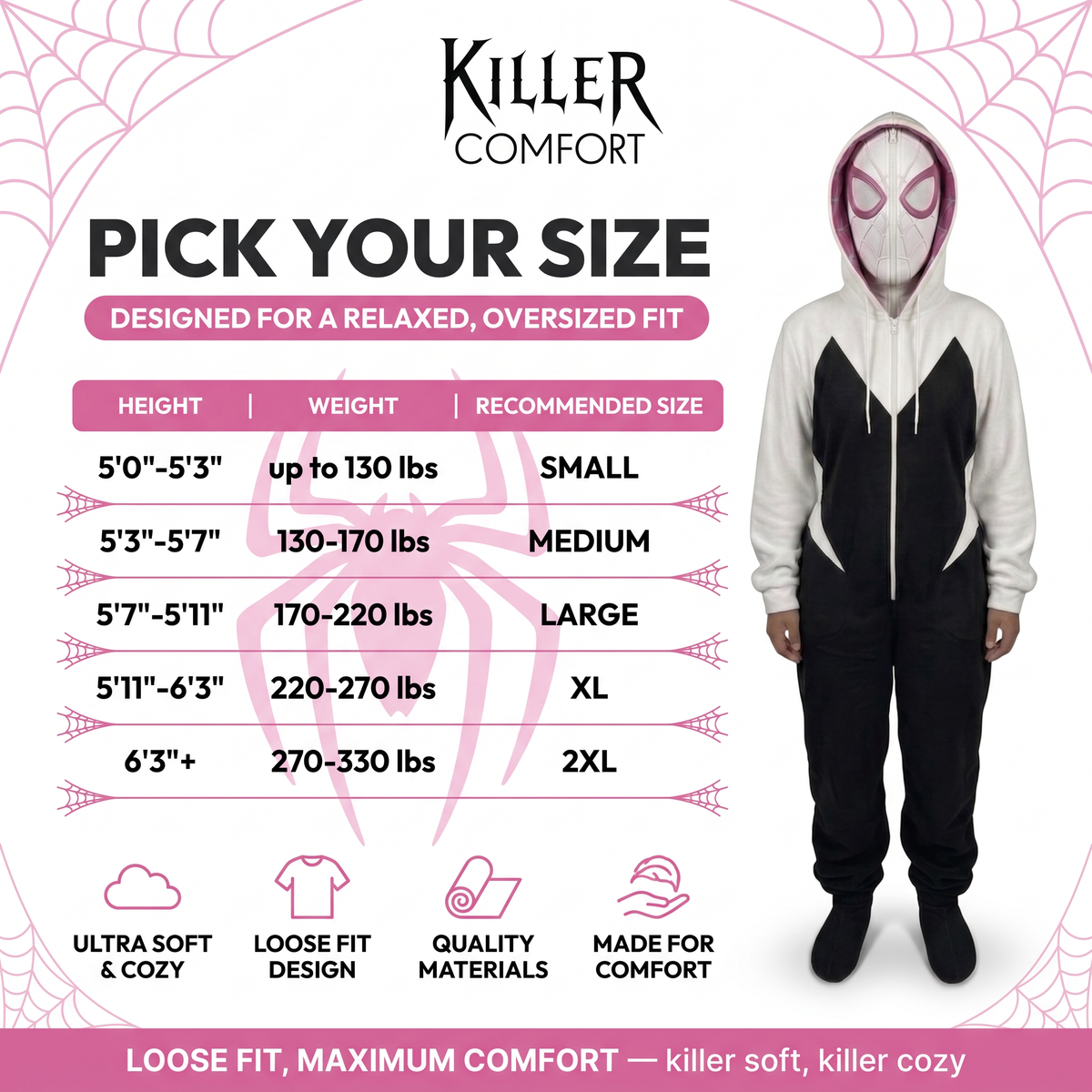 Gwen spider onesie - white - adult size chart