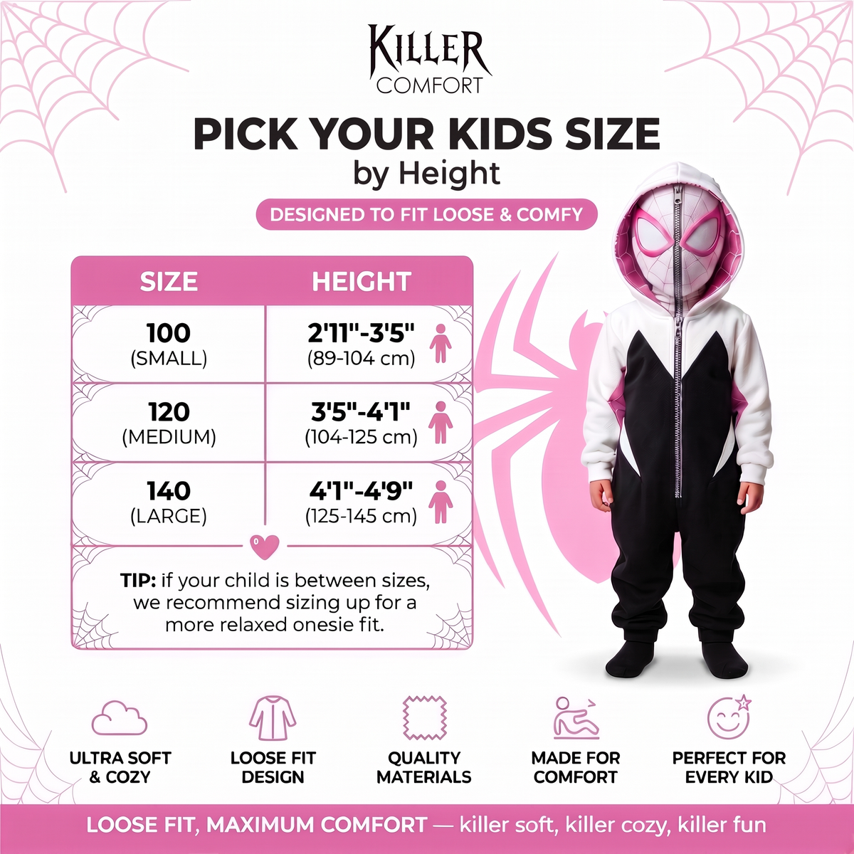 Gwen spider onesie - white - kids size chart