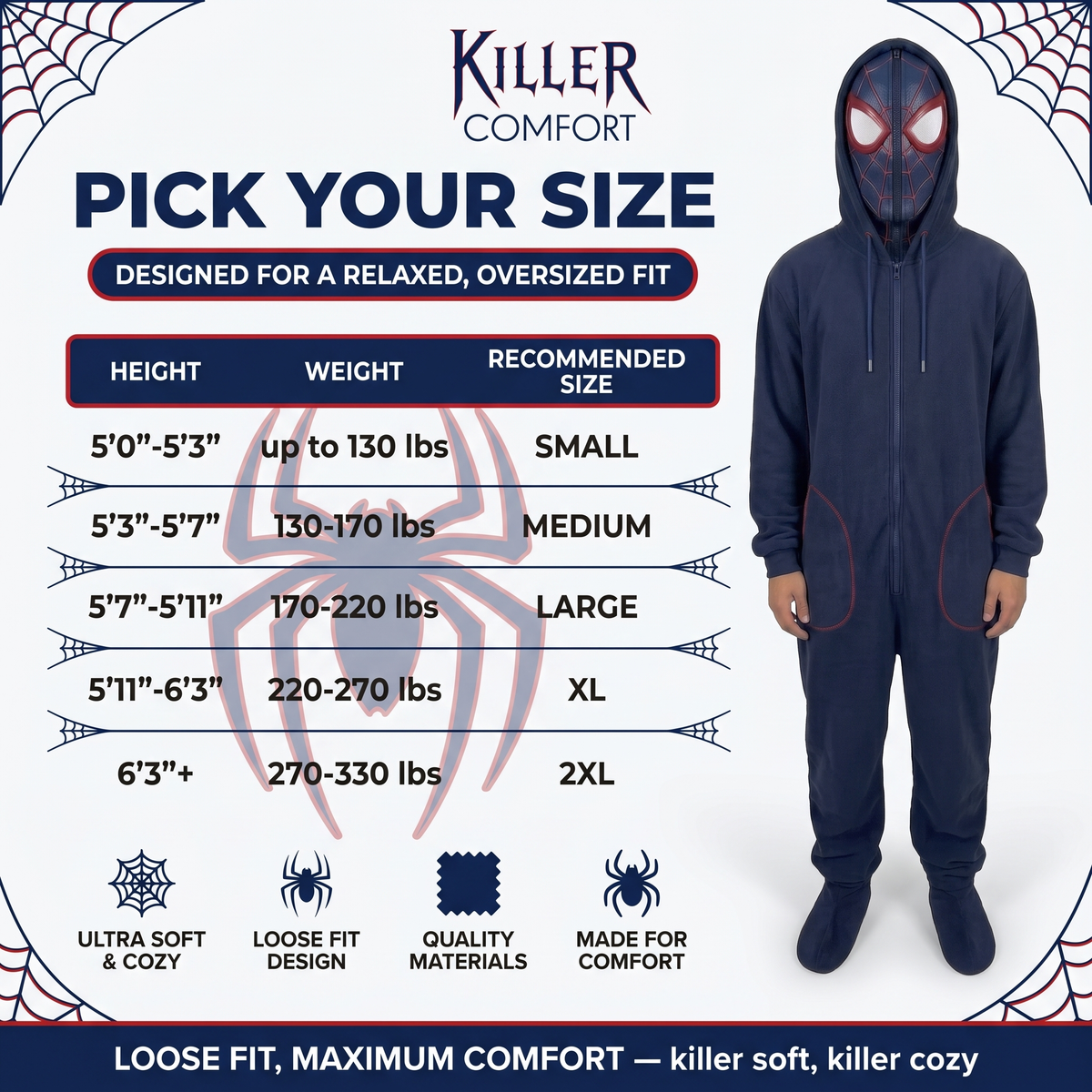 Miles spider onesie - navy - adult size chart