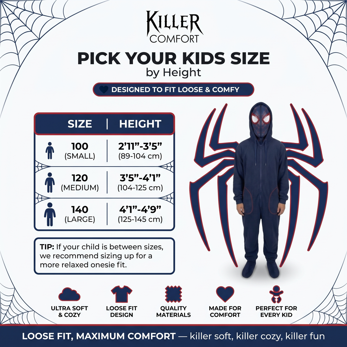 Miles spider onesie - navy - kids size chart