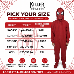 Peter spider onesie - red - adult size chart