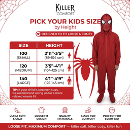 Peter spider onesie - red - kids size chart