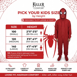 Peter spider onesie - red - kids size chart